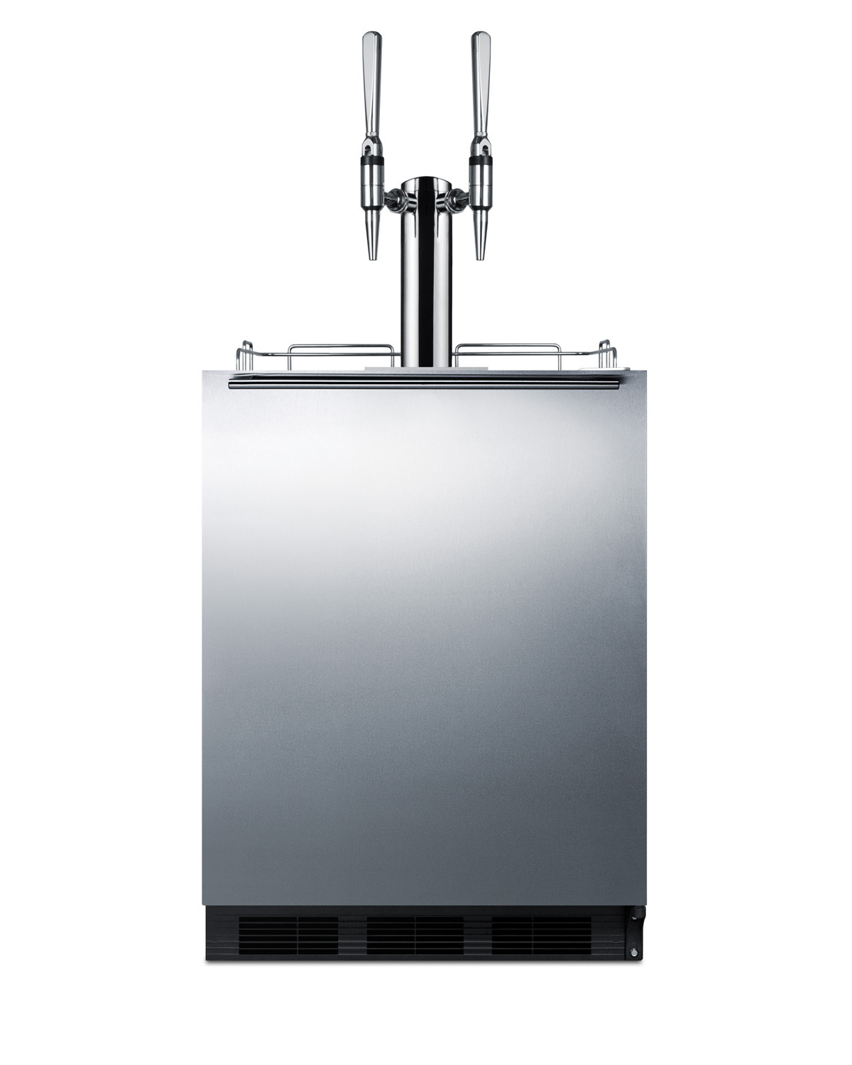 Built-in undercounter ADA height commercially listed dual tap nitro coffee dispenser with stainless steel wrapped door and black cabinet